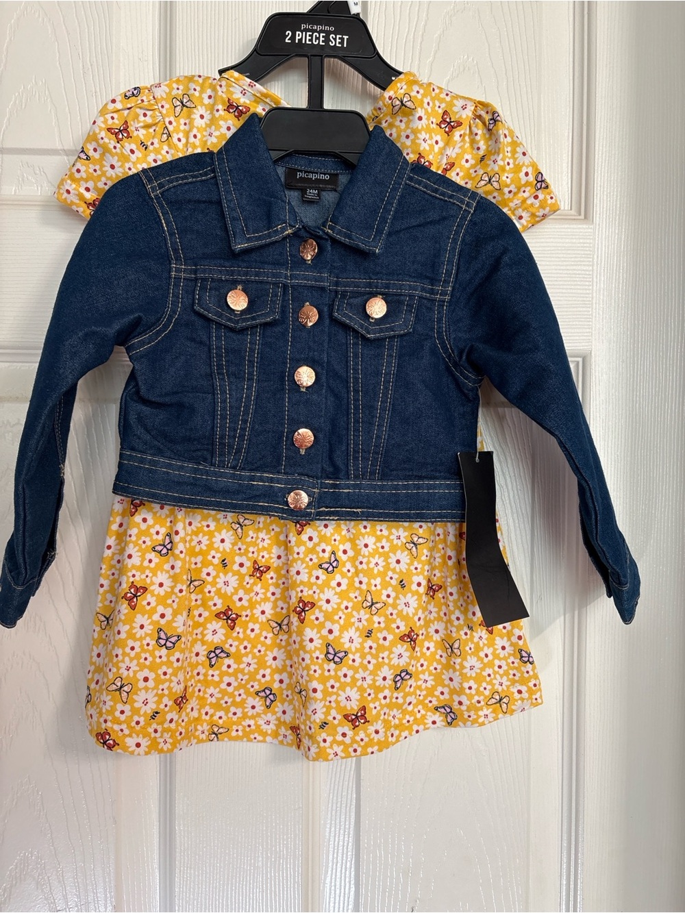 Picapino Girls' Dark Blue Denim Jacket with Yellow Floral Dress